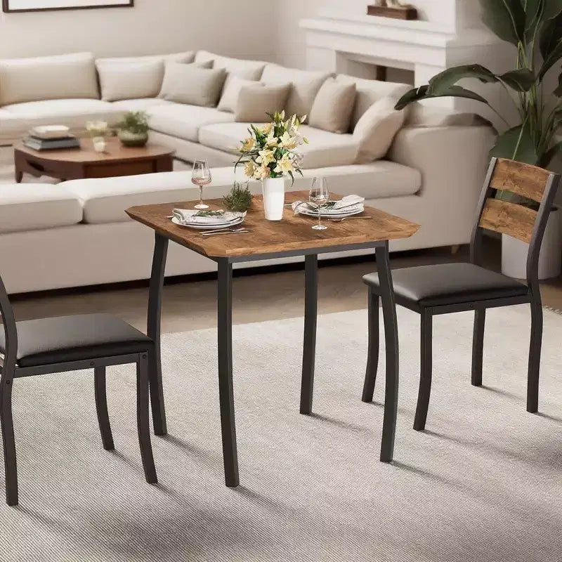 Ensemble repas carré 3 pièces – Structure en métal, plateau de table en bois et 2 chaises rembourrées, 2 places