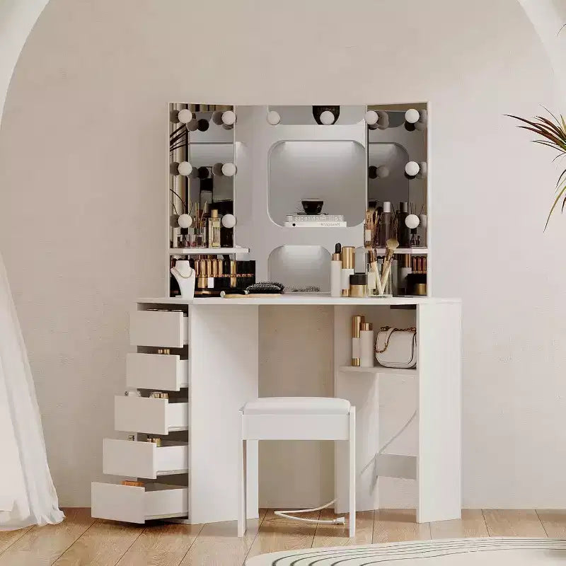 Acekool Corner Vanity Set with Mirror & 3-Color Adjustable LED Lights, Makeup Table with Power Outlet, Stool & Spacious Storage Drawers