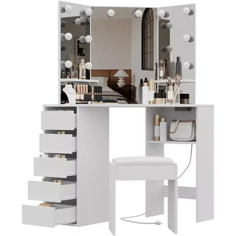 Coiffeuse d'Angle avec Miroir LED, 5 Tiroirs, Prise de Courant et Tabouret – Blanc, 142 cm H
