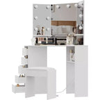 Coiffeuse d'Angle avec Miroir LED, 5 Tiroirs, Prise de Courant et Tabouret – Blanc, 142 cm H