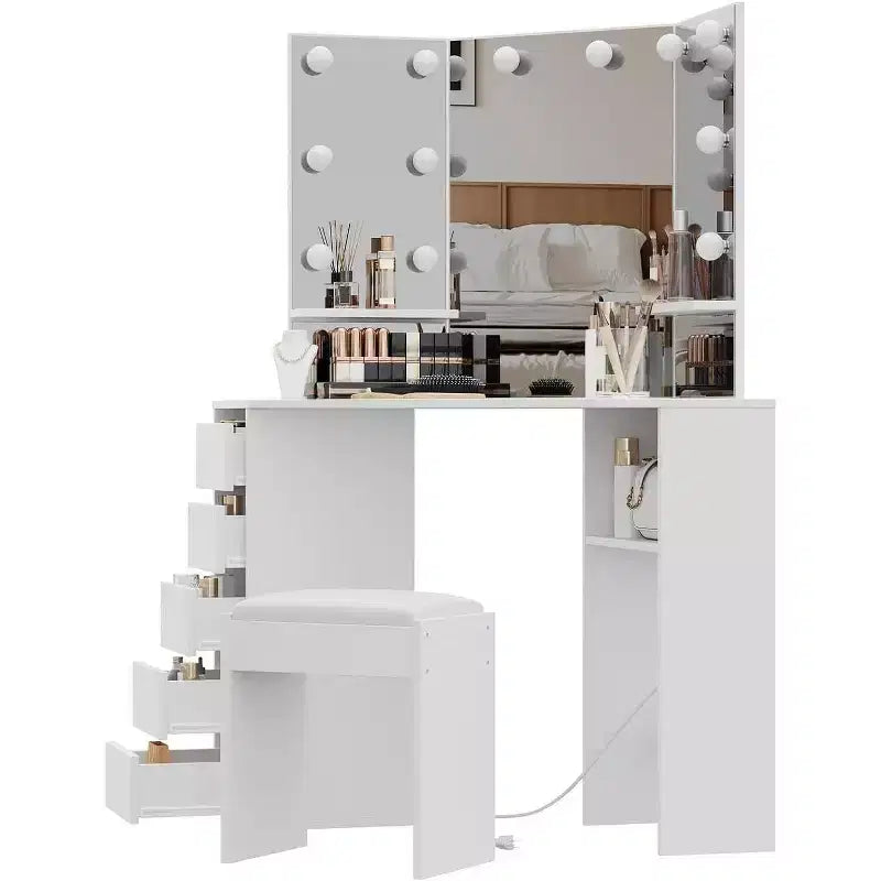 Coiffeuse d'Angle avec Miroir LED, 5 Tiroirs, Prise de Courant et Tabouret – Blanc, 142 cm H