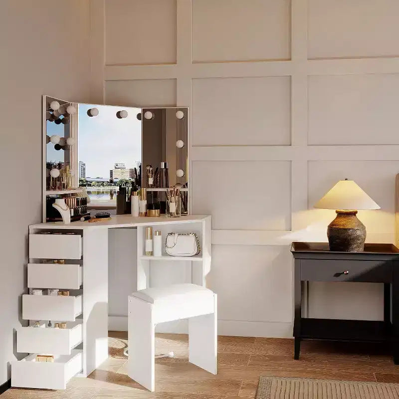 Coiffeuse d'Angle avec Miroir LED, 5 Tiroirs, Prise de Courant et Tabouret – Blanc, 142 cm H