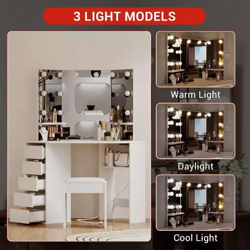 Coiffeuse d'Angle avec Miroir LED, 5 Tiroirs, Prise de Courant et Tabouret – Blanc, 142 cm H
