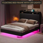 Lit plateforme flottant double/grand avec lumières LED RGB, station de charge et tête de lit de rangement