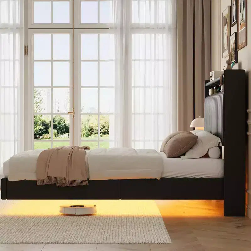 Lit plateforme flottant double/grand avec lumières LED RGB, station de charge et tête de lit de rangement