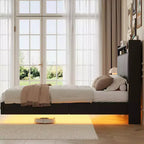 Lit plateforme flottant double/grand avec lumières LED RGB, station de charge et tête de lit de rangement