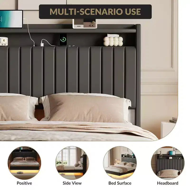 Lit plateforme flottant double/grand avec lumières LED RGB, station de charge et tête de lit de rangement