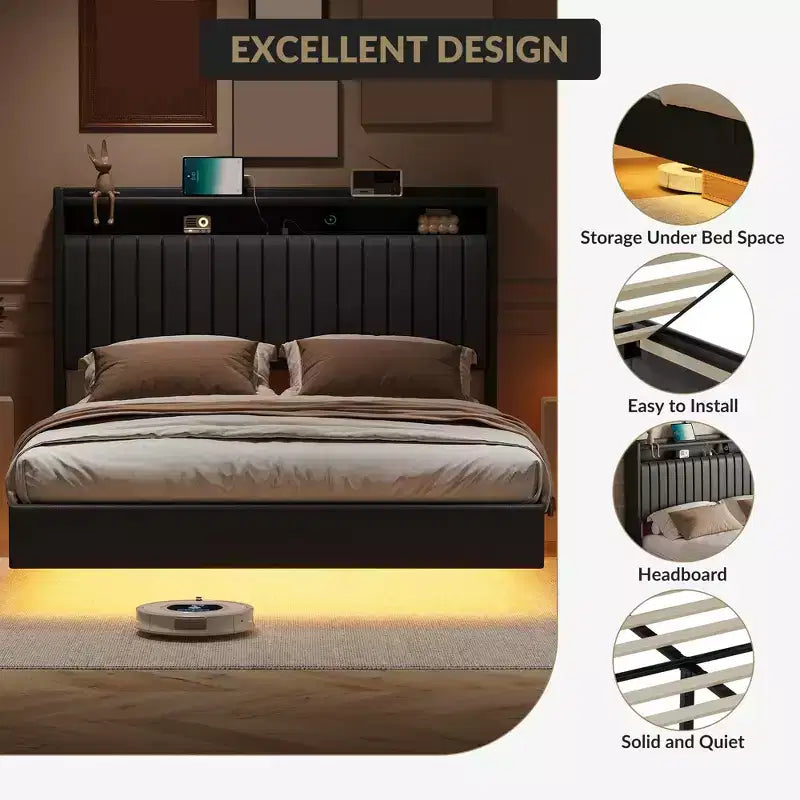 Lit plateforme flottant double/grand avec lumières LED RGB, station de charge et tête de lit de rangement