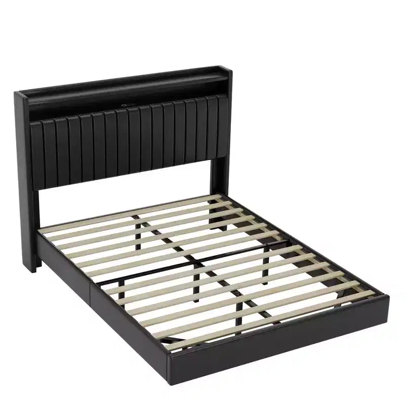 Lit plateforme flottant double/grand avec lumières LED RGB, station de charge et tête de lit de rangement