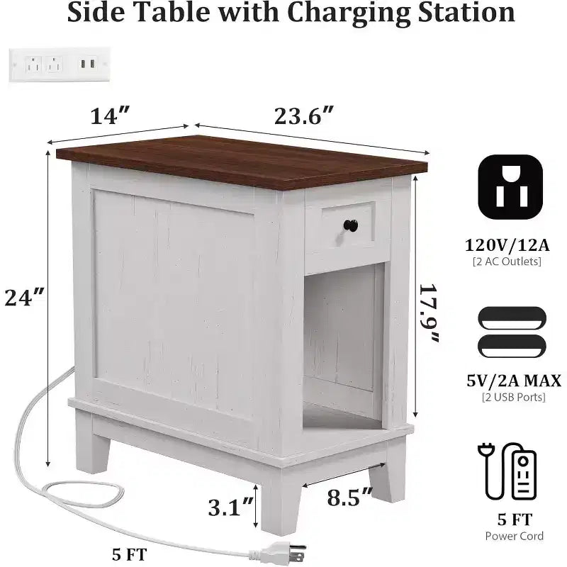 Lot de 2 tables d'appoint de style ferme avec station de recharge – Ports USB et prises secteur, tiroir