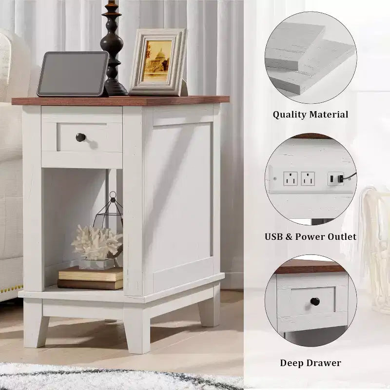 Lot de 2 tables d'appoint de style ferme avec station de recharge – Ports USB et prises secteur, tiroir
