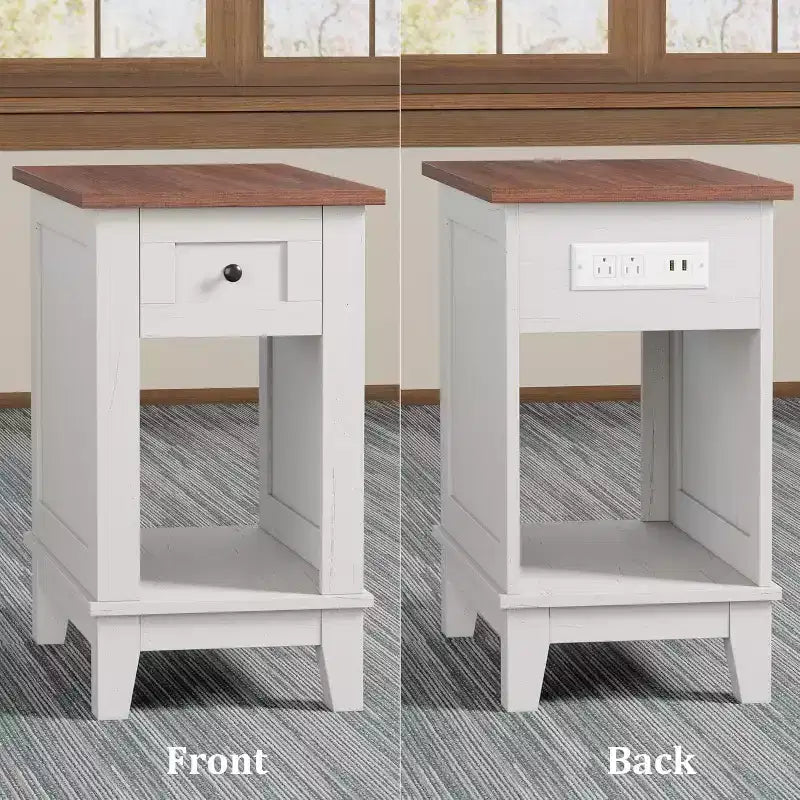 Lot de 2 tables d'appoint de style ferme avec station de recharge – Ports USB et prises secteur, tiroir