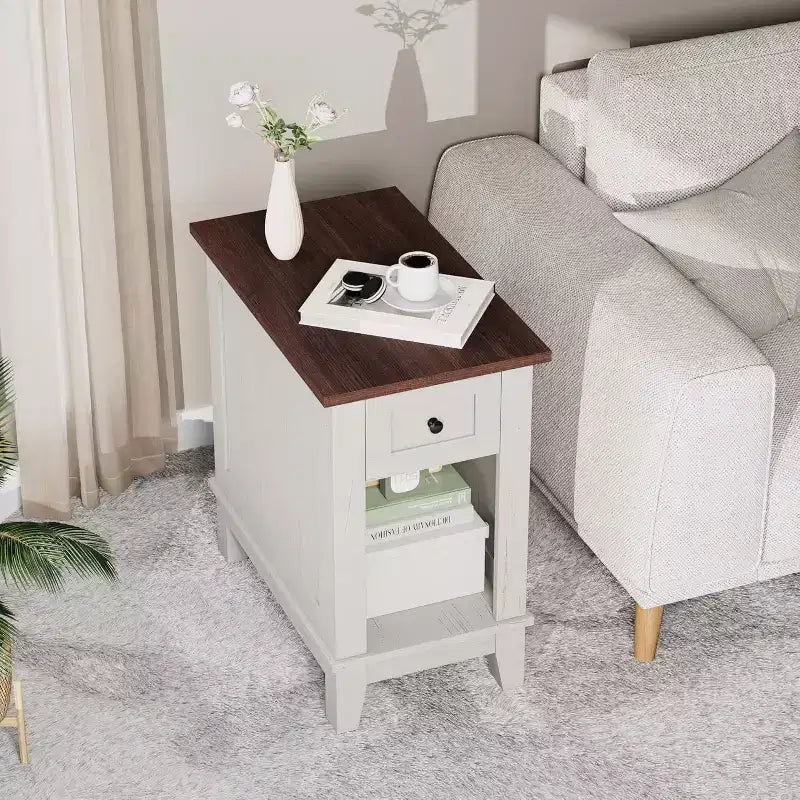 Lot de 2 tables d'appoint de style ferme avec station de recharge – Ports USB et prises secteur, tiroir