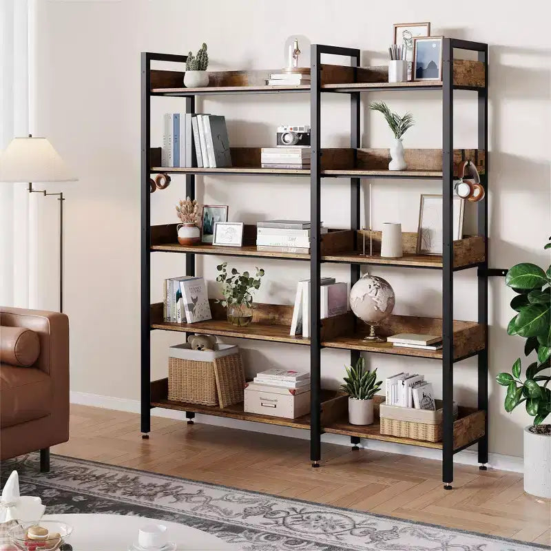 Étagère d'angle à 5 niveaux – Bibliothèque industrielle en forme de L convertible avec étagères ouvertes