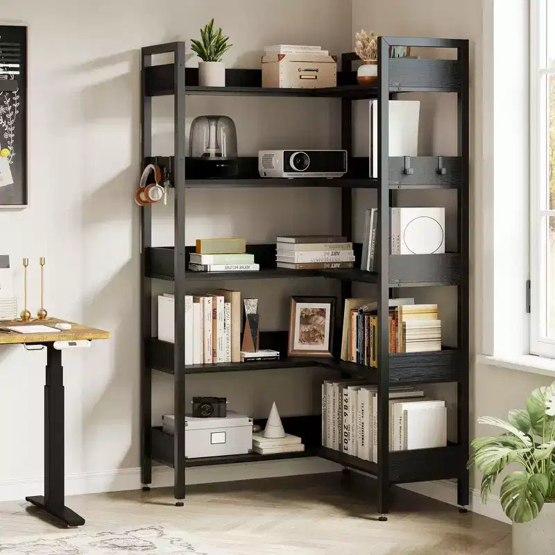 5-Tier Corner Bookshelf, Convertible Bookcase, Industrial Metal Frame Storage Book Shelf with Open Shelves for Living Room Bedroom Home Office