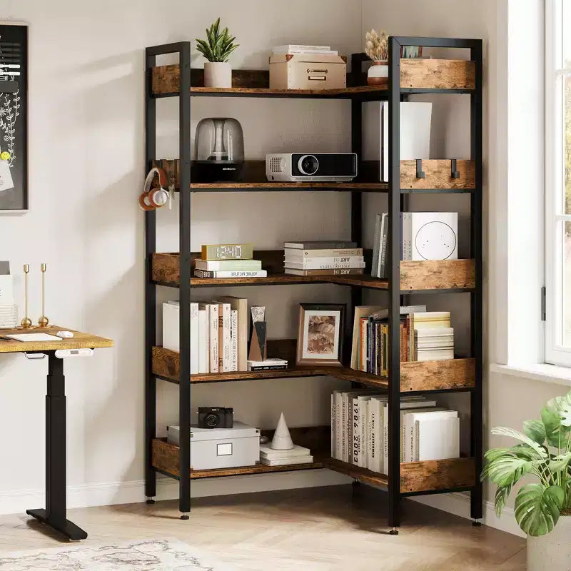 Étagère d'angle à 5 niveaux – Bibliothèque industrielle en forme de L convertible avec étagères ouvertes