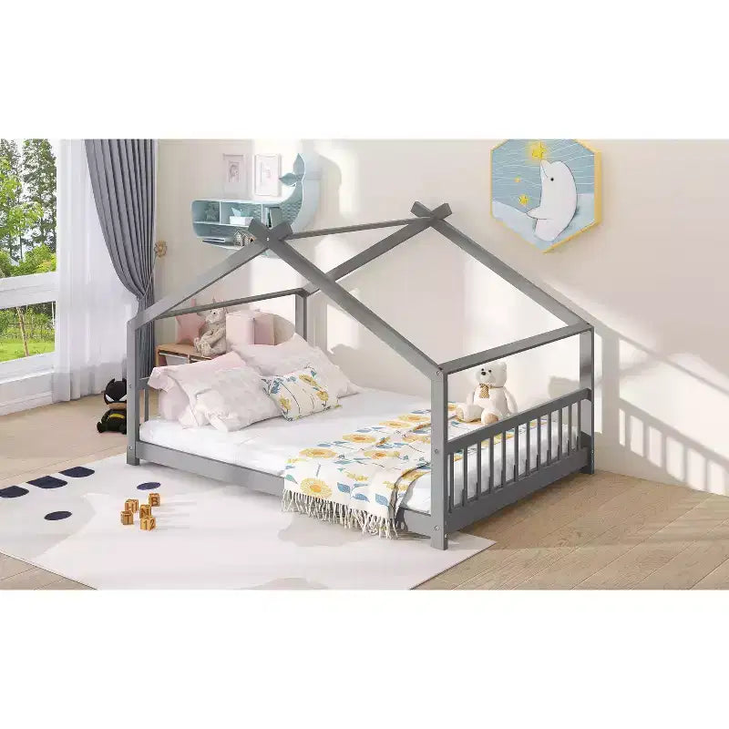 Lit cabane pour enfant avec toit et lattes de support – Gris, sans sommier à ressorts