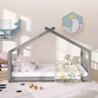 Lit cabane pour enfant avec toit et lattes de support – Gris, sans sommier à ressorts