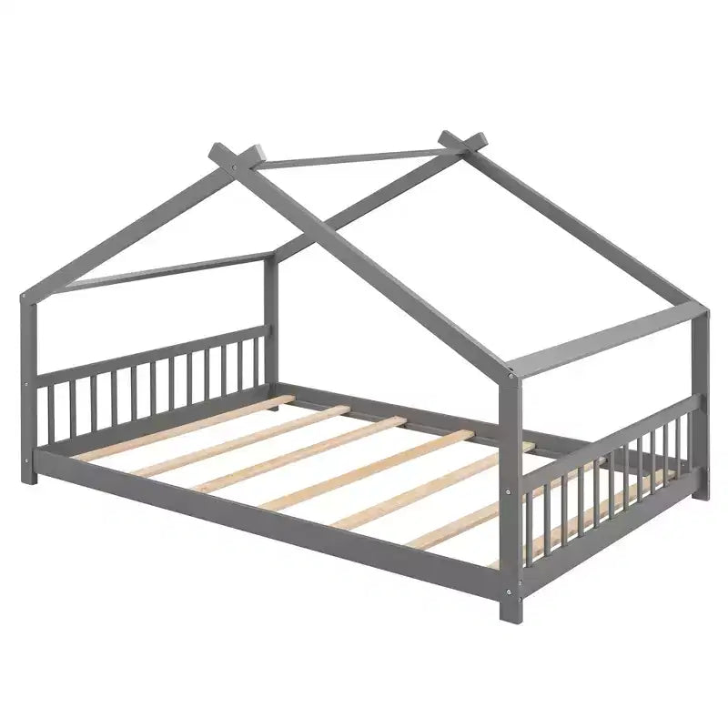 Lit cabane pour enfant avec toit et lattes de support – Gris, sans sommier à ressorts