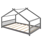Lit cabane pour enfant avec toit et lattes de support – Gris, sans sommier à ressorts