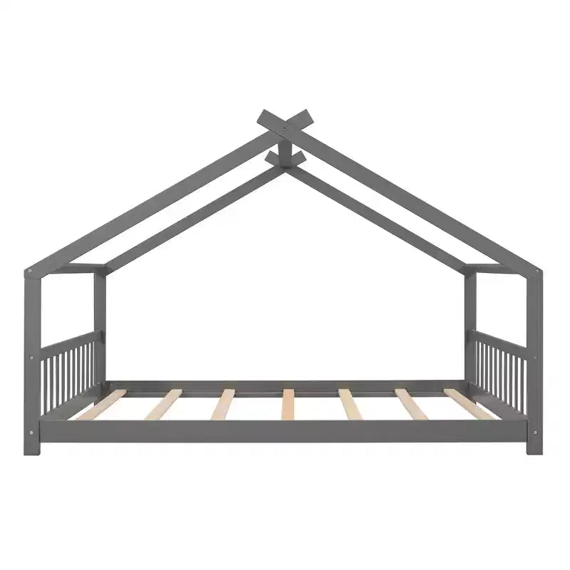 Lit cabane pour enfant avec toit et lattes de support – Gris, sans sommier à ressorts