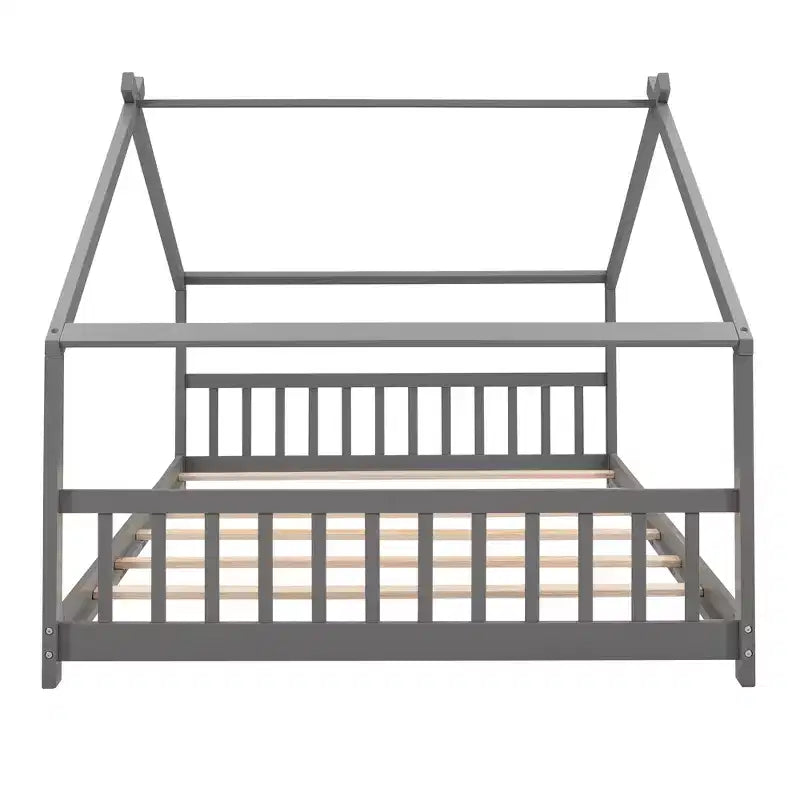 Lit cabane pour enfant avec toit et lattes de support – Gris, sans sommier à ressorts