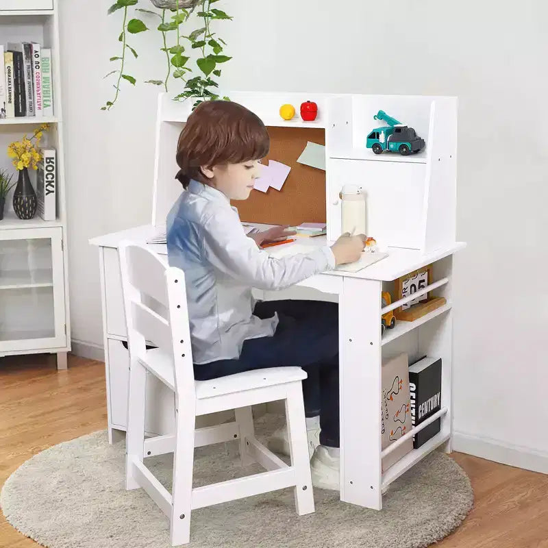 Ensemble bureau et chaise pour enfants avec étagère de rangement – Table d'étude en bois, blanc, 3 ans et +