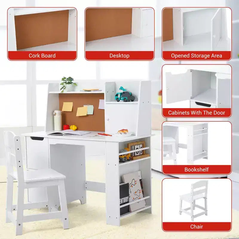 Ensemble bureau et chaise pour enfants avec étagère de rangement – Table d'étude en bois, blanc, 3 ans et +