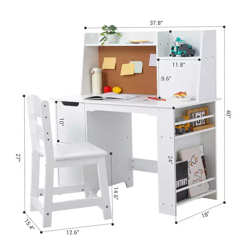 Ensemble bureau et chaise pour enfants avec étagère de rangement – Table d'étude en bois, blanc, 3 ans et +