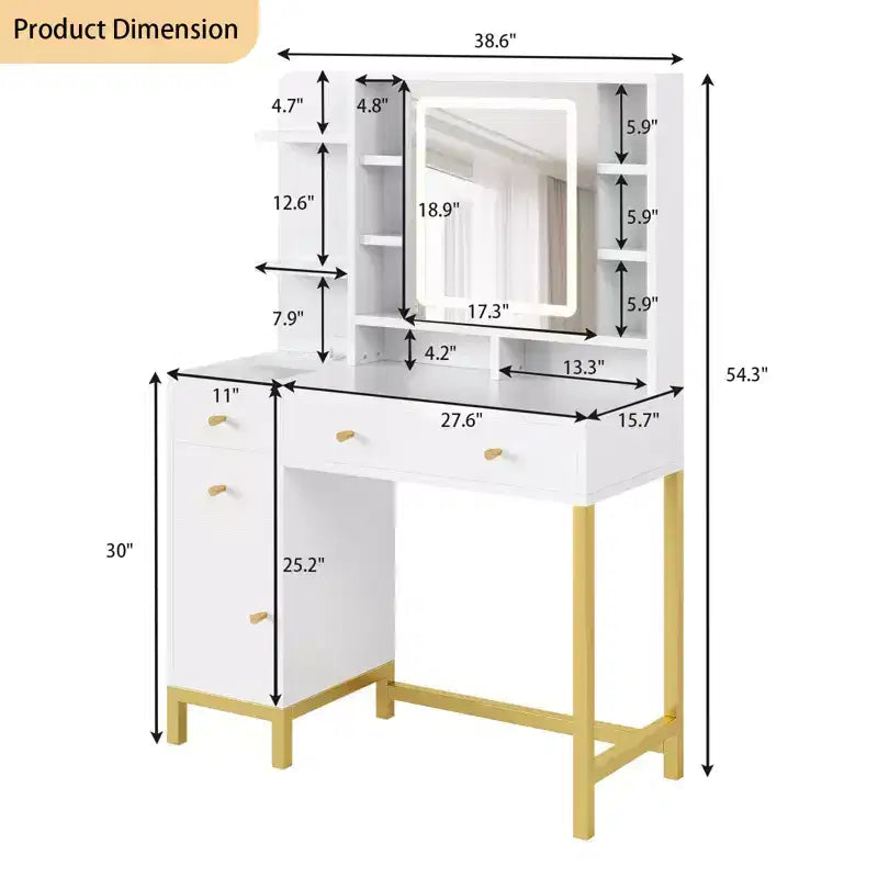 Coiffeuse avec miroir lumineux LED et prise de courant – Lumières réglables 3 couleurs
