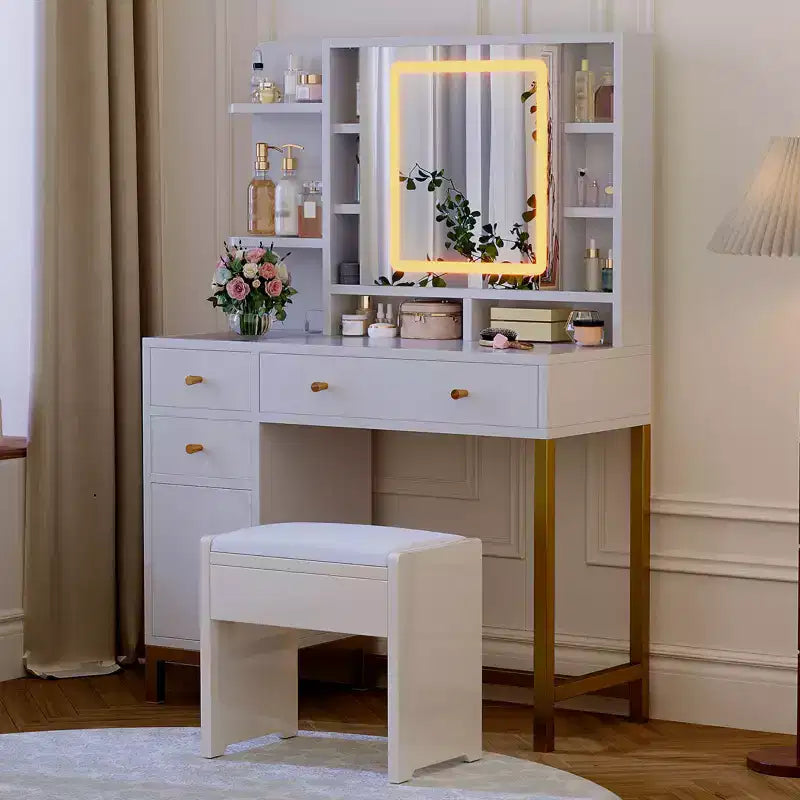 Coiffeuse avec miroir lumineux LED et prise de courant – Lumières réglables 3 couleurs