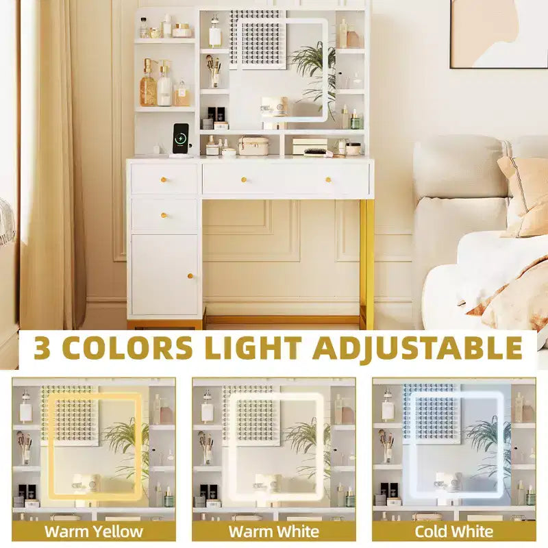 Coiffeuse avec miroir lumineux LED et prise de courant – Lumières réglables 3 couleurs