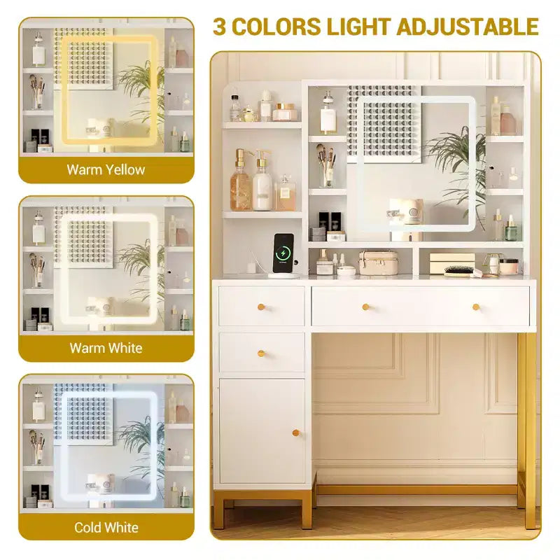 Coiffeuse avec miroir lumineux LED et prise de courant – Lumières réglables 3 couleurs