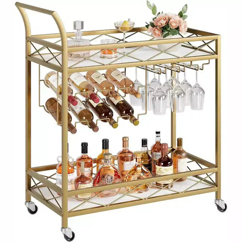 Gold 2-Tiers Storage Shelves Mobile Kitchen Serving Carts on Wheels with Wine Rack & Glass Holder for Kitchen, Living Room & Dining Room