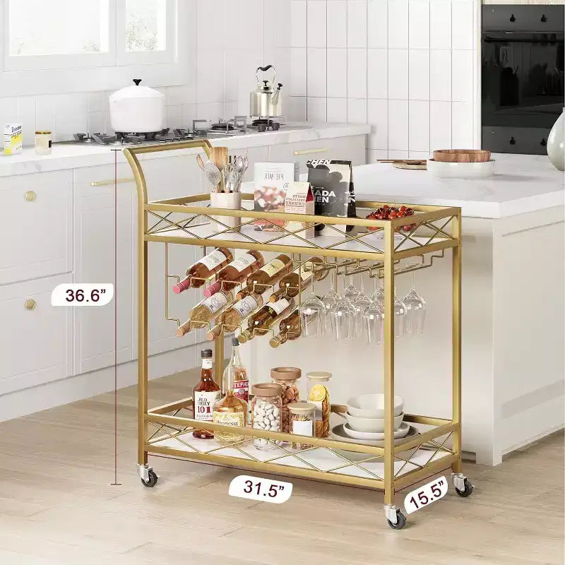 Dessert – Desserte de bar dorée à 2 niveaux sur roulettes avec porte-bouteilles et porte-verres – Cuisine et salle à manger