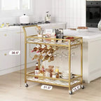 Dessert – Desserte de bar dorée à 2 niveaux sur roulettes avec porte-bouteilles et porte-verres – Cuisine et salle à manger