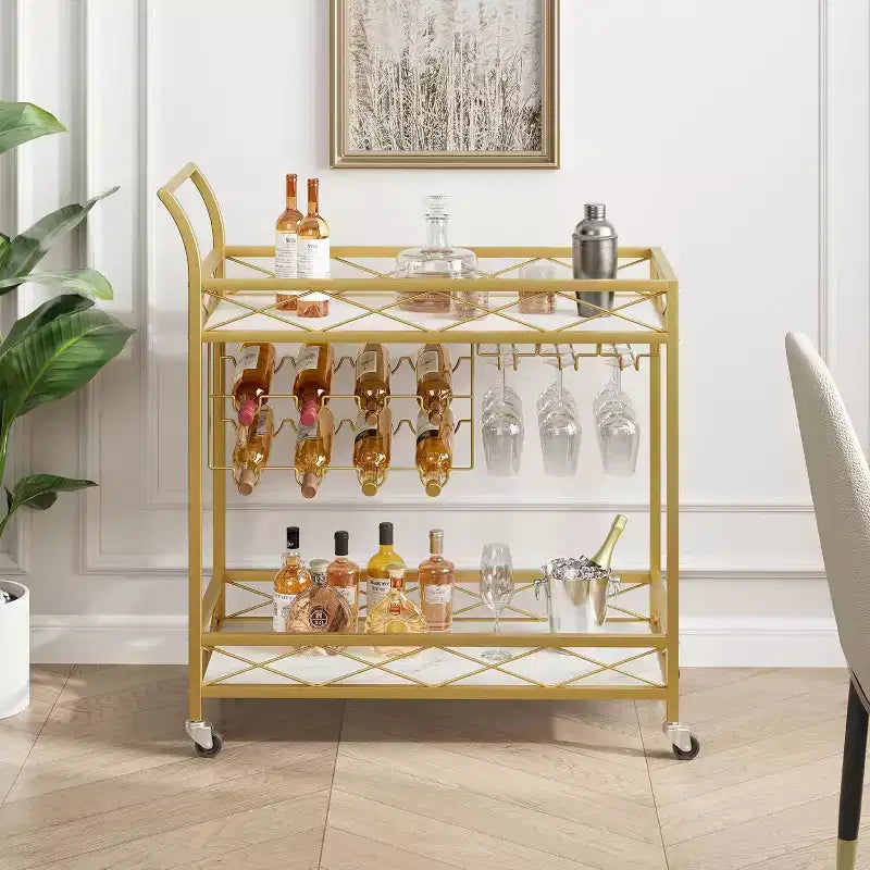 Dessert – Desserte de bar dorée à 2 niveaux sur roulettes avec porte-bouteilles et porte-verres – Cuisine et salle à manger