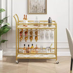 Dessert – Desserte de bar dorée à 2 niveaux sur roulettes avec porte-bouteilles et porte-verres – Cuisine et salle à manger