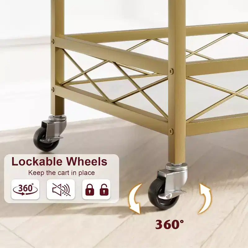 Dessert – Desserte de bar dorée à 2 niveaux sur roulettes avec porte-bouteilles et porte-verres – Cuisine et salle à manger