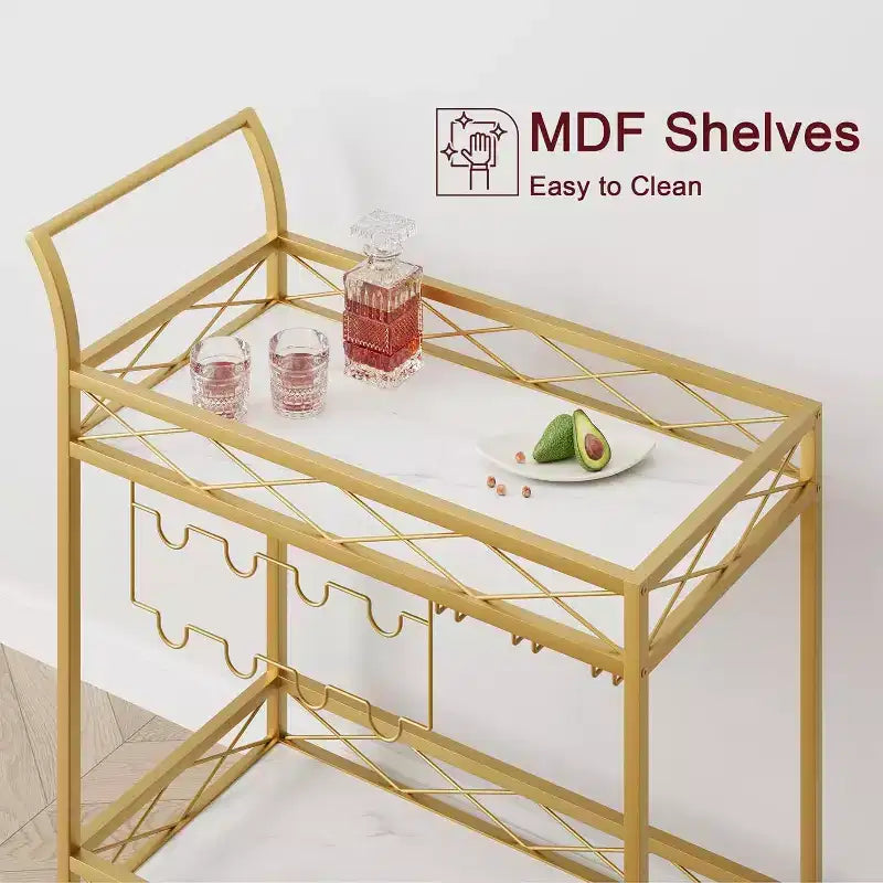 Dessert – Desserte de bar dorée à 2 niveaux sur roulettes avec porte-bouteilles et porte-verres – Cuisine et salle à manger