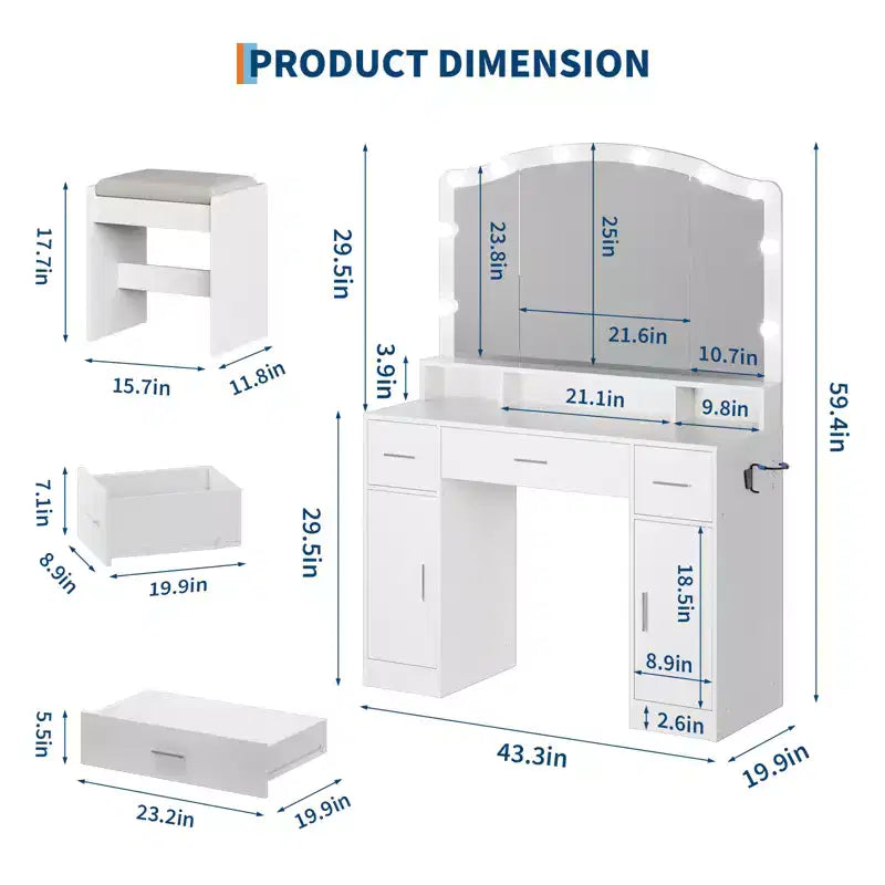 Coiffeuse avec miroir lumineux, 3 tiroirs, 2 armoires et tabouret de rangement – MDF blanc