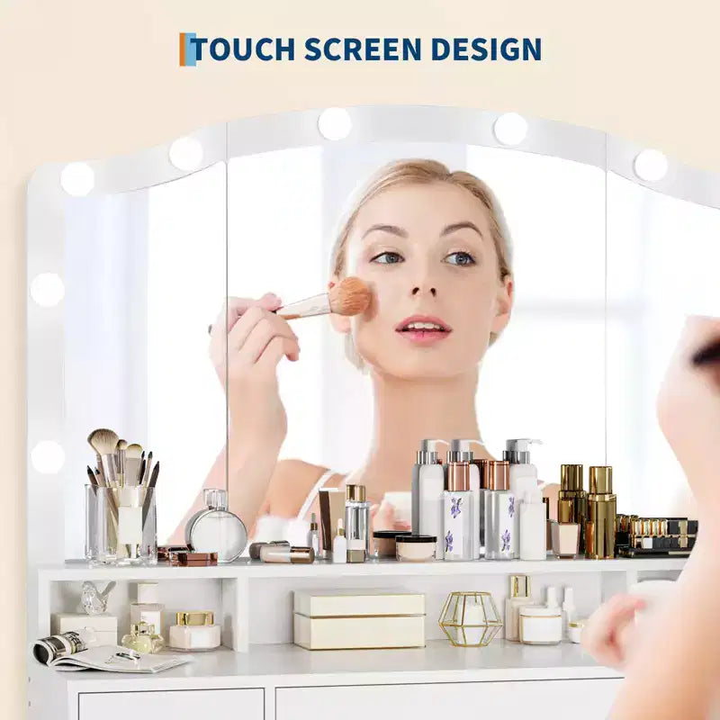 Coiffeuse avec miroir lumineux, 3 tiroirs, 2 armoires et tabouret de rangement – MDF blanc