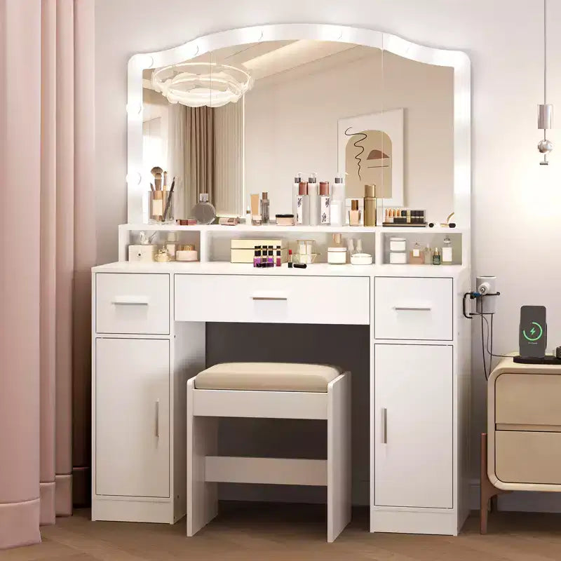 Coiffeuse avec miroir lumineux, 3 tiroirs, 2 armoires et tabouret de rangement – MDF blanc