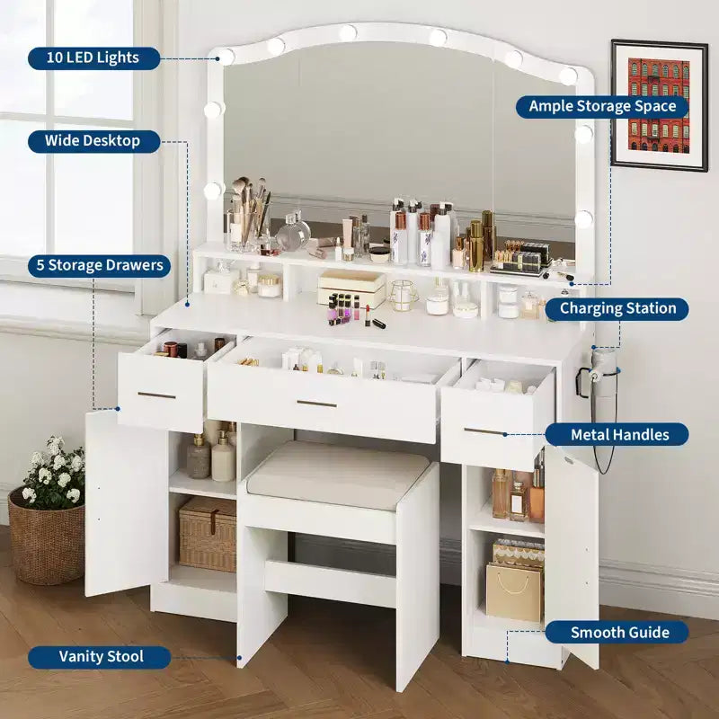 Coiffeuse avec miroir lumineux, 3 tiroirs, 2 armoires et tabouret de rangement – MDF blanc