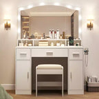 Coiffeuse avec miroir lumineux, 3 tiroirs, 2 armoires et tabouret de rangement – MDF blanc