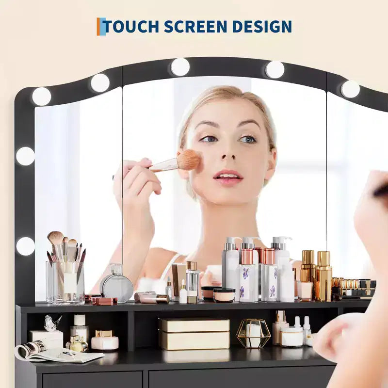 Coiffeuse avec miroir lumineux, 3 tiroirs, 2 armoires et tabouret de rangement – MDF blanc