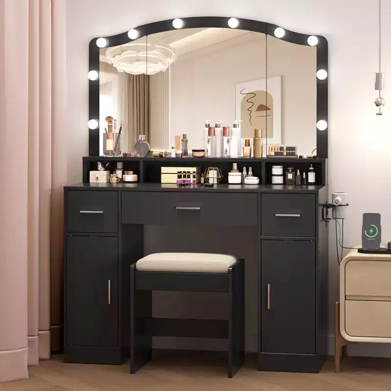 Coiffeuse avec miroir lumineux, 3 tiroirs, 2 armoires et tabouret de rangement – MDF blanc