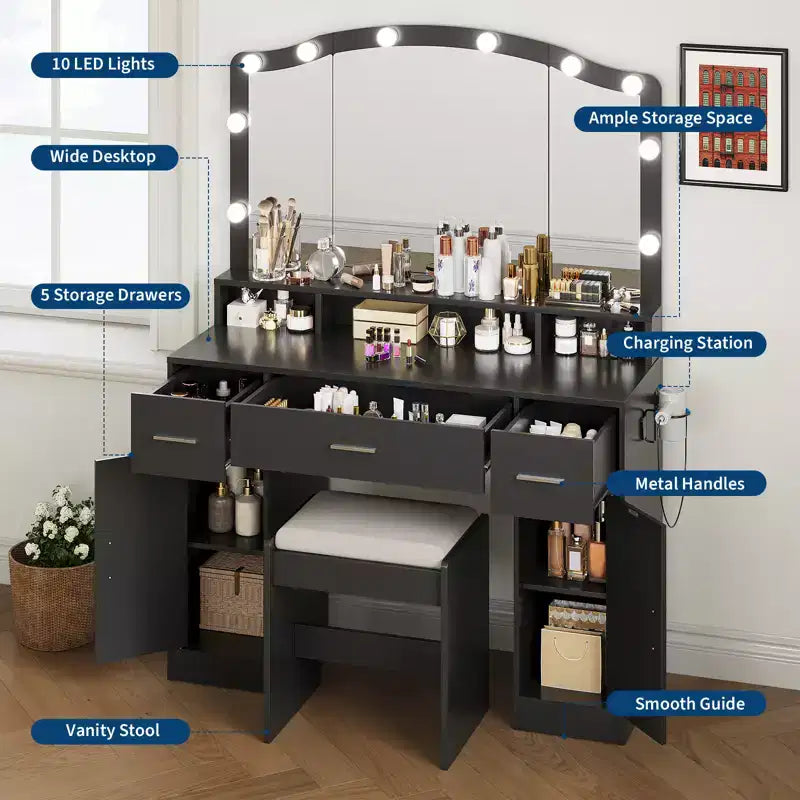Coiffeuse avec miroir lumineux, 3 tiroirs, 2 armoires et tabouret de rangement – MDF blanc