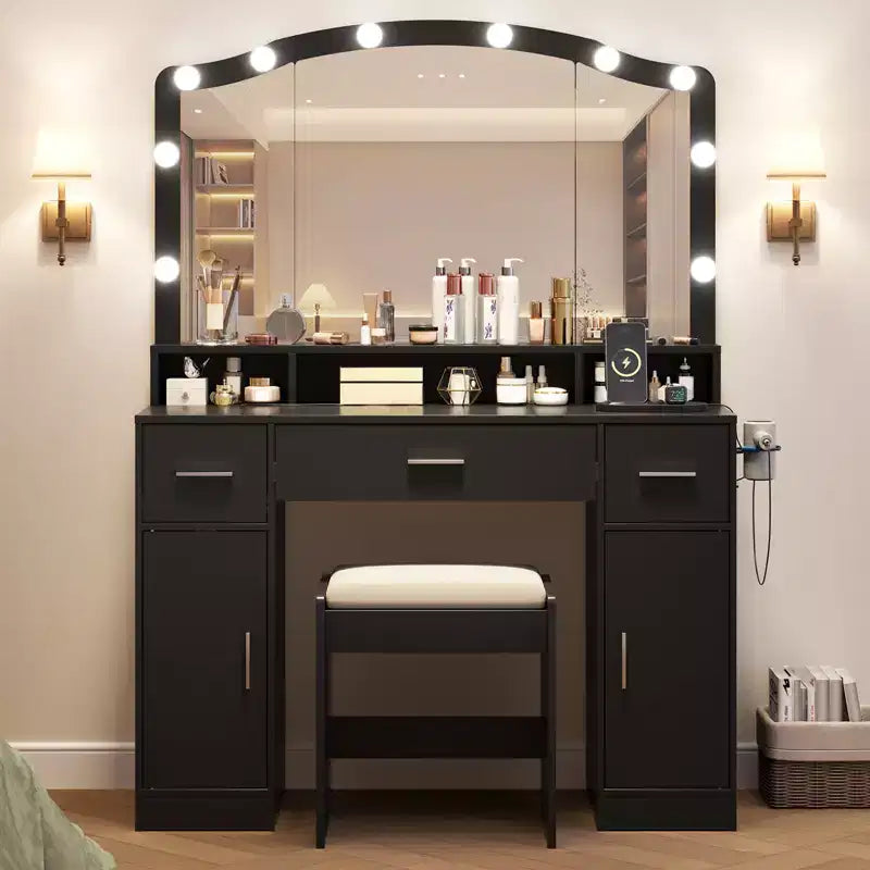 Coiffeuse avec miroir lumineux, 3 tiroirs, 2 armoires et tabouret de rangement – MDF blanc