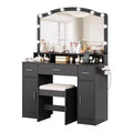 Coiffeuse avec miroir lumineux, 3 tiroirs, 2 armoires et tabouret de rangement – MDF blanc
